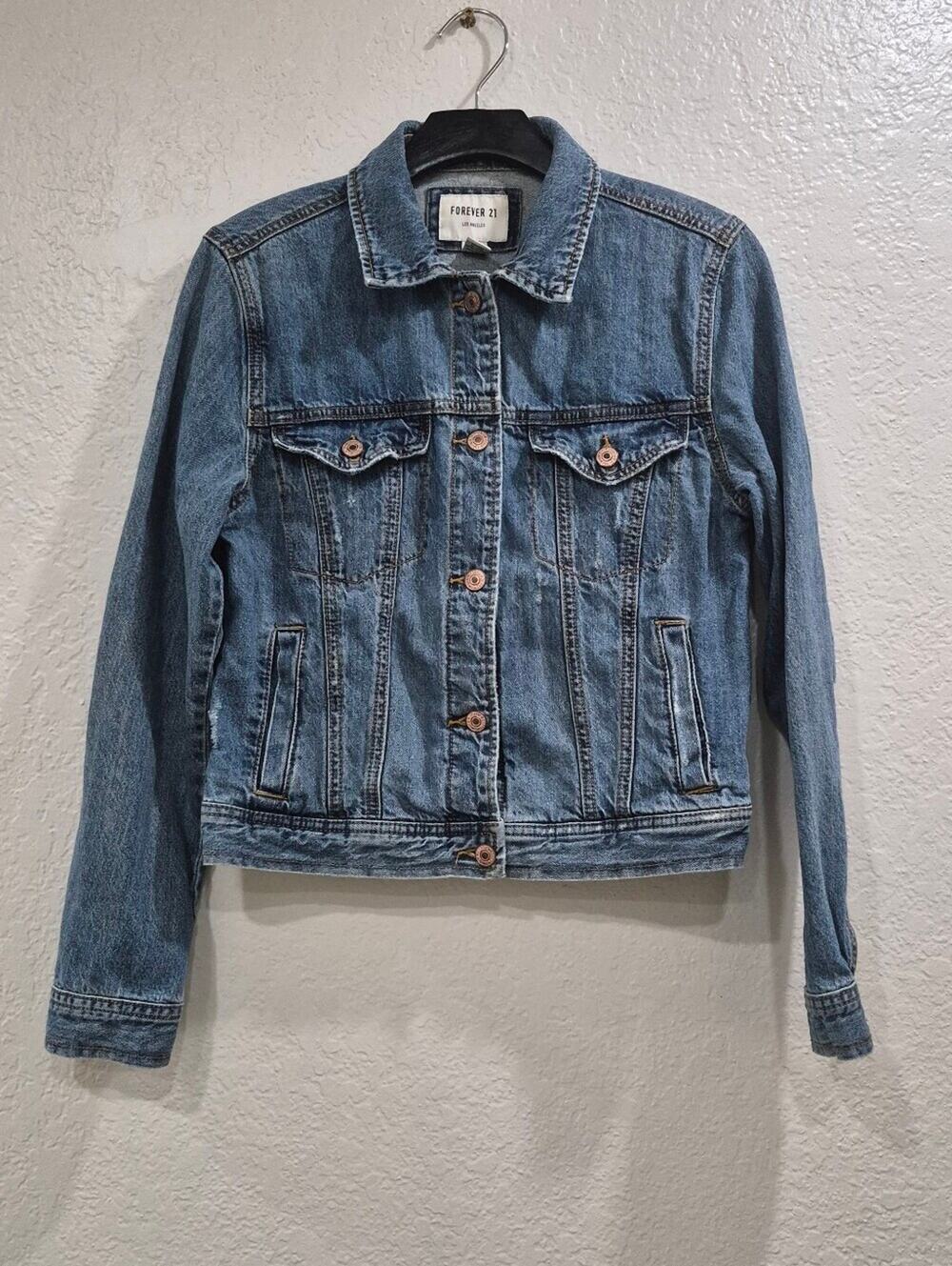 Forever 21 Light Blue Distressed Denim Jean Jacket — Size M